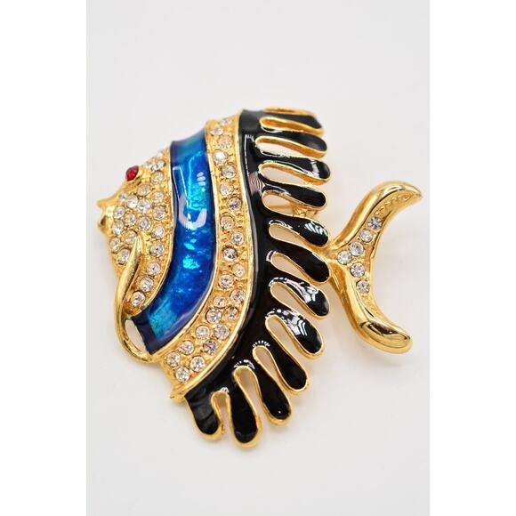Vintage Fish Pin Brooch Blue Black Enamel Gold Rhinestone Crystal Chunky Bin5A - Picture 2 of 12
